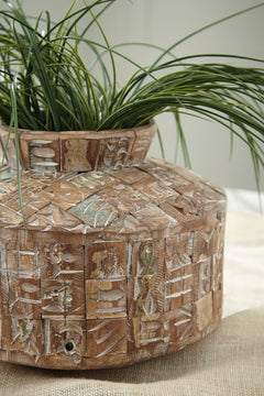 Reclaimed Wood Decorative Vase with Black Metal Detail - surface detail - 4