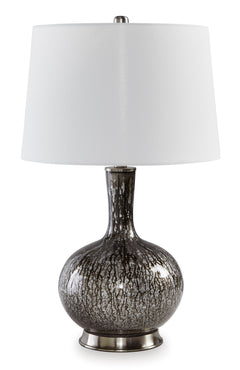 Antique Black Glass Table Lamp with Silvertone Accents - complete lamp and shade - 1