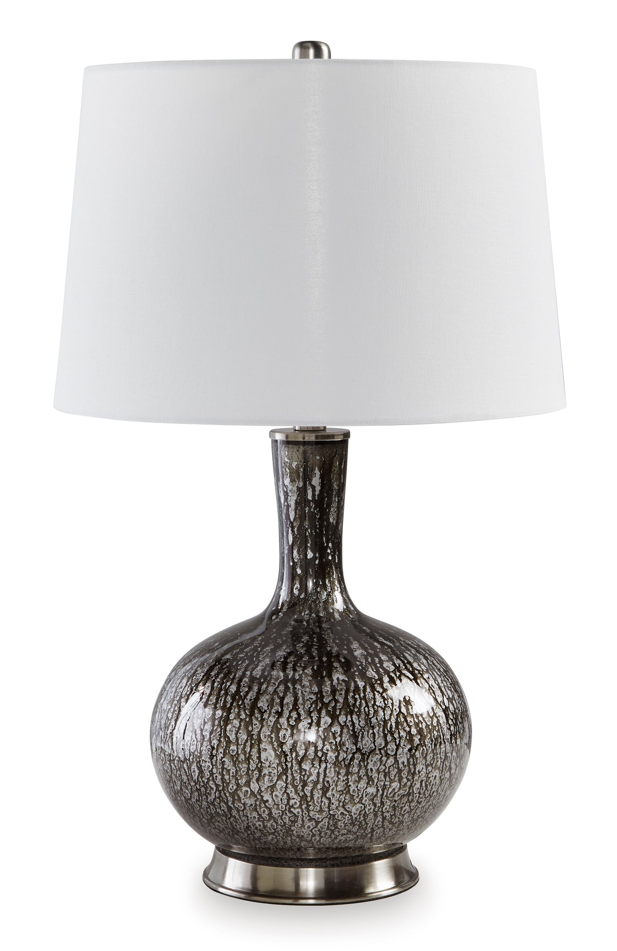 Antique Black Glass Table Lamp with Silvertone Accents - complete lamp and shade