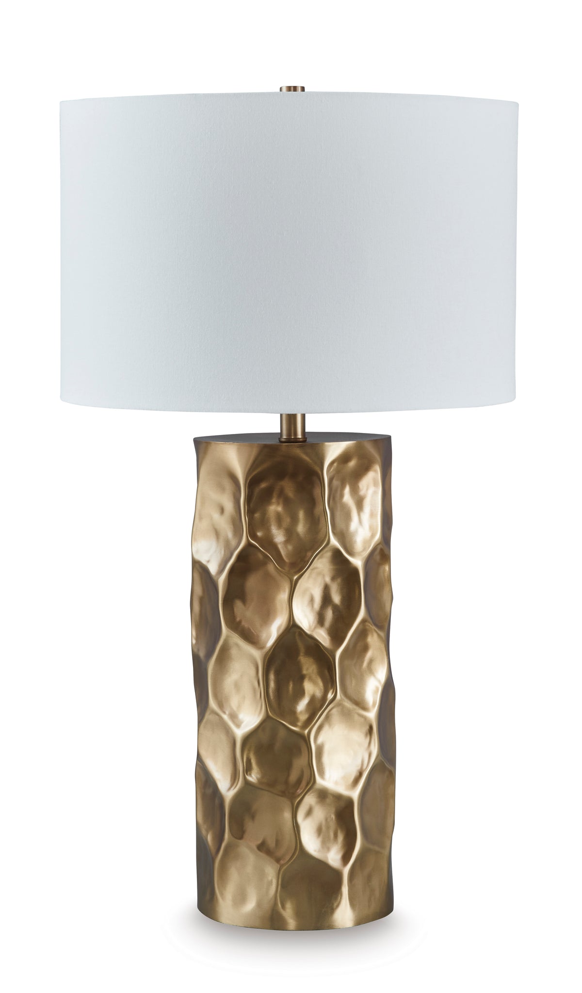 Sculpted Goldtone Metal Table Lamp with Drum Shade - complete lamp and shade