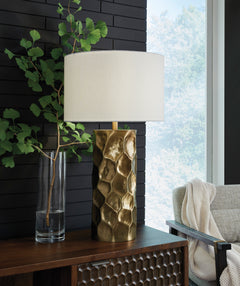 Sculpted Goldtone Metal Table Lamp with Drum Shade - room setting; lamp only - 2
