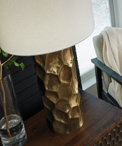 Sculpted Goldtone Metal Table Lamp with Drum Shade - base detail - 3