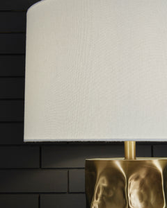 Sculpted Goldtone Metal Table Lamp with Drum Shade - shade detail - 5