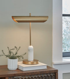 Goldtone and White Marble Desk Lamp with Metal Shade - room setting; lamp only - 2