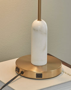 Goldtone and White Marble Desk Lamp with Metal Shade - base and switch detail - 5