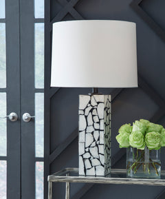 White and Black Marble Mosaic Table Lamp - room setting; lamp only - 2