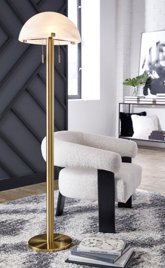 Brass-Tone Metal Floor Lamp with Glass Dome Shade - room setting; lamp only - 2