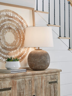 Antiqued Brown and White Metal Table Lamp - room setting; lamp only - 2