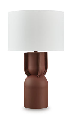 Sculpted Brick Red Metal Table Lamp with Drum Shade - complete lamp and shade - 1