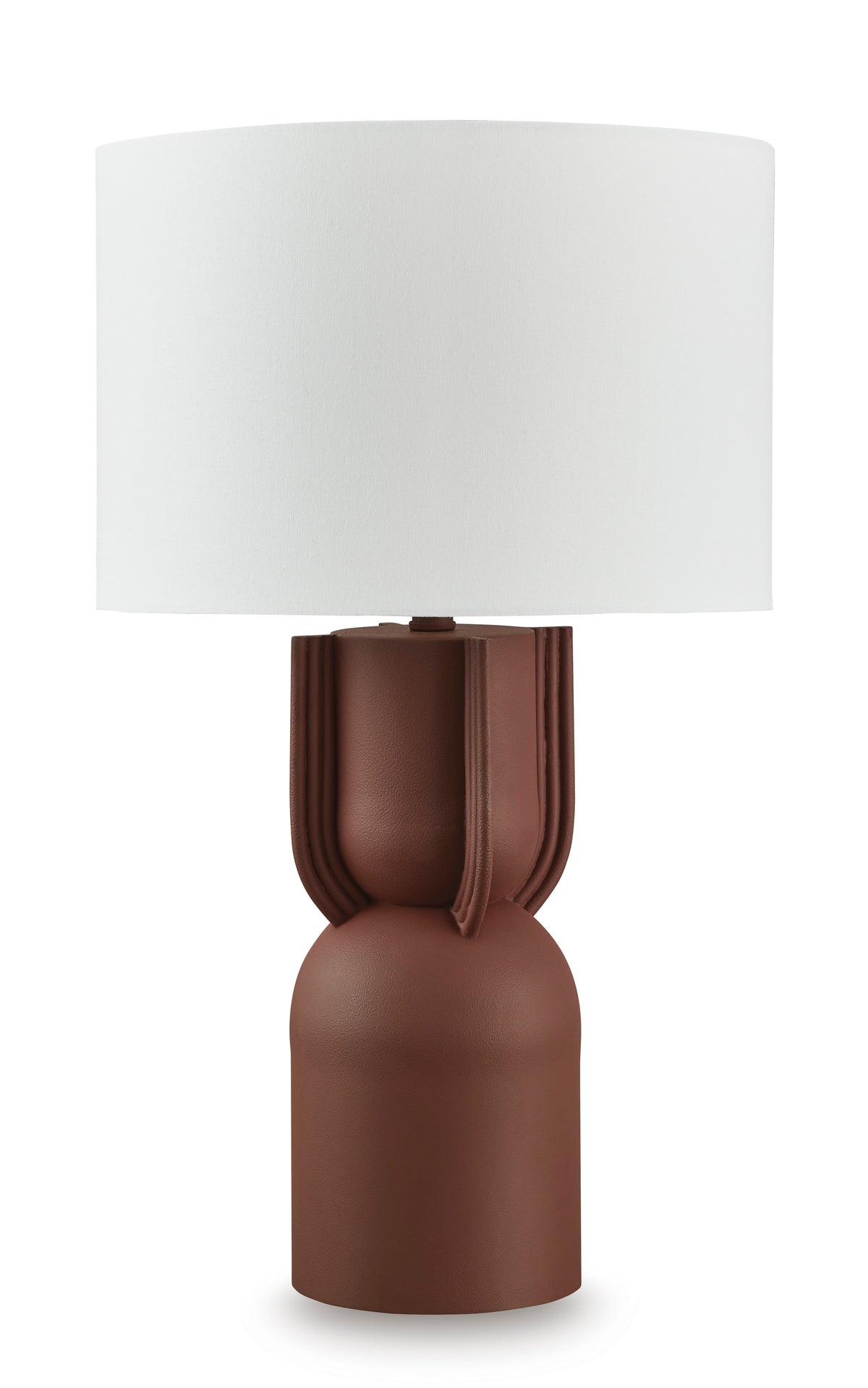 Sculpted Brick Red Metal Table Lamp with Drum Shade - complete lamp and shade