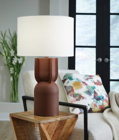 Sculpted Brick Red Metal Table Lamp with Drum Shade - room setting; lamp only - 2
