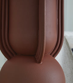 Sculpted Brick Red Metal Table Lamp with Drum Shade - base detail - 3