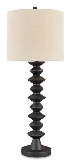 Tall Black Geometric Buffet Lamp with Drum Shade - complete lamp and shade - 1