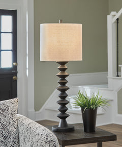 Tall Black Geometric Buffet Lamp with Drum Shade - room setting; lamp only - 2