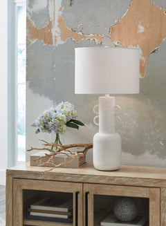Distressed White Sculptural Metal Table Lamp - room setting; lamp only - 2