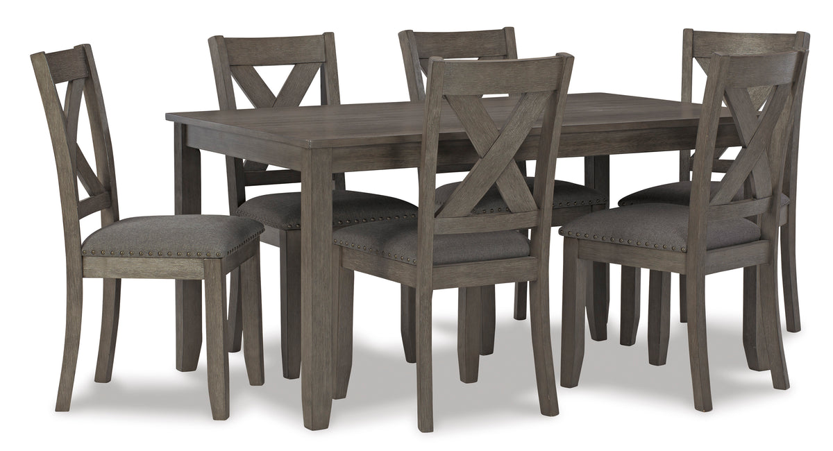Gray / 7-Piece Dining Set: Table + 6 Chairs, product view 1; includes 1 table, 6 chairs; decorative accessories and other furniture excluded