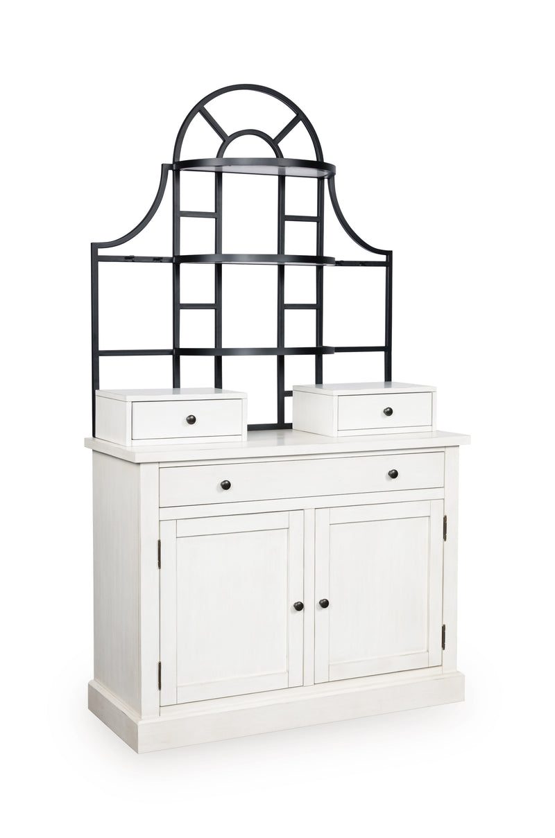 Antiqued White Bakers Rack with Black Hutch & Cabinet Storage