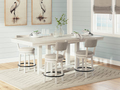 Antique White / Table + 4 Open-Back Swivel Stools, product view 2; included: one table and 4 open-back swivel counter stools; bench excluded; other furniture and accessories excluded - 46