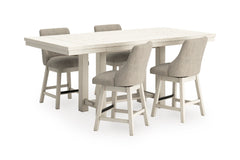 Antique White / Table + 4 Fully Covered-Back Swivel Stools, product view 1; included: one table and 4 fully covered-back swivel counter stools; bench excluded; other furniture and accessories excluded - 54