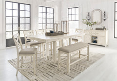 Antique White / Table + 6 X-Back Stools + Bench, product view 1; included: one table, 6 X-back counter stools and one counter-height bench; other furniture and accessories excluded - 67