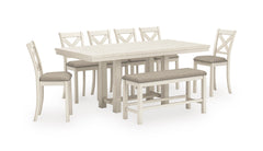Antique White / Table + 6 X-Back Stools + Bench, product view 2; included: one table, 6 X-back counter stools and one counter-height bench; other furniture and accessories excluded - 68