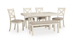 Antique White / Table + 4 Chairs + Bench, product view 1; included: 1 table; 4 matching chairs; 1 bench; all other furniture and accessories excluded - 22