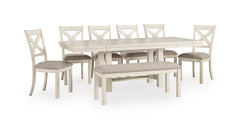 Antique White / Table + 6 Chairs + Bench, product view 1; included: 1 table; 6 matching chairs; 1 bench; all other furniture and accessories excluded - 23