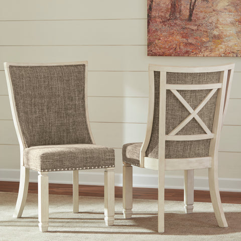 Antiqued White Upholstered Dining Chairs, Set of 2