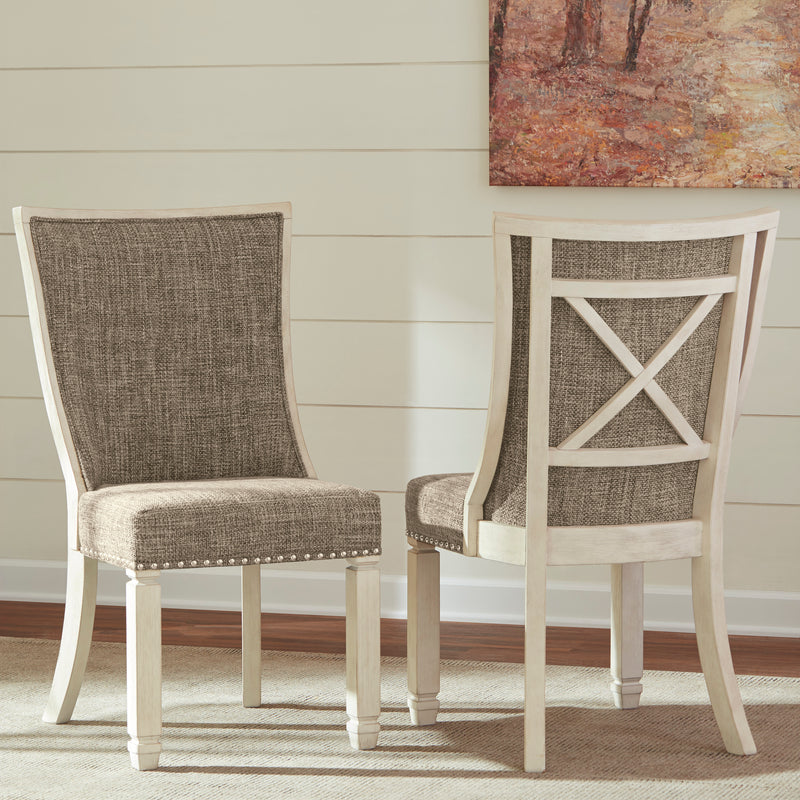 Antiqued White Upholstered Dining Chairs, Set of 2