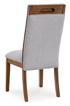 beige and brown upholstered dining chairs, single chair rear view with cutout handle - 3