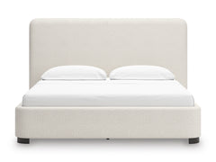 Beige California King upholstered bed, front view; mattress and bedding not included - 15