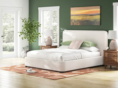 Beige California King upholstered bed, styled bedroom; other furniture and accessories not included - 18