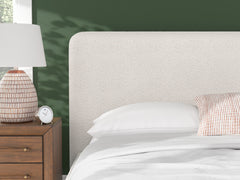 Beige King upholstered bed, upholstered headboard detail - 11