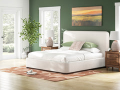 Beige King upholstered bed, styled bedroom; other furniture and accessories not included - 12