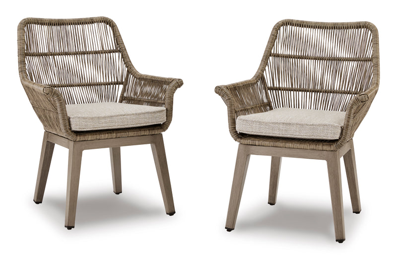 Beige Resin-Wicker Outdoor Dining Armchairs with Cushions — Set of 2