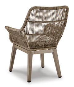 Beige Resin-Wicker Outdoor Dining Armchairs with Cushions — Set of 2, single-chair back view - 4