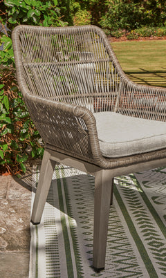 Beige Resin-Wicker Outdoor Dining Armchairs with Cushions — Set of 2, resin wicker and cushion detail - 5