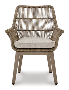 Beige Resin-Wicker Outdoor Dining Armchairs with Cushions — Set of 2, single-chair front view - 6