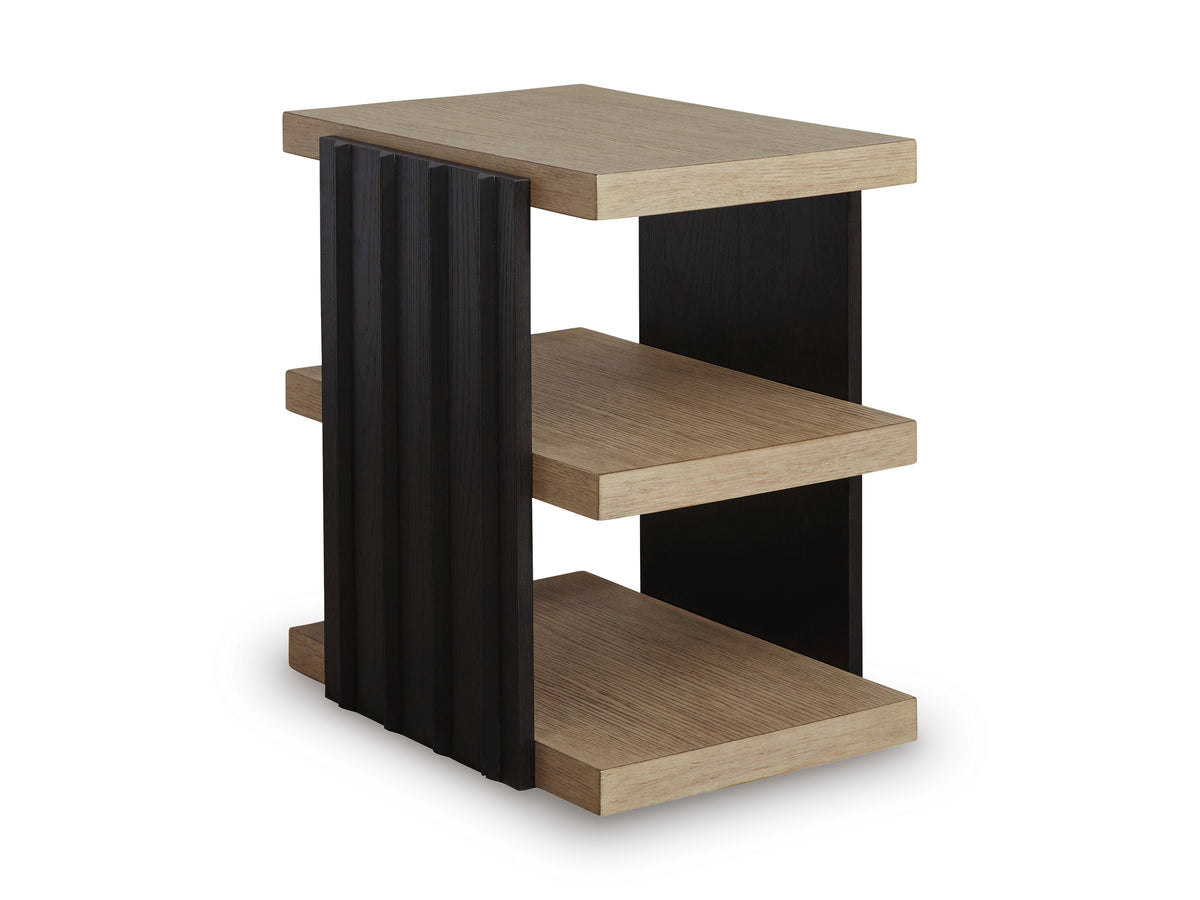 Black and Light Brown End Table with Two Open Shelves, angle view; accessories excluded