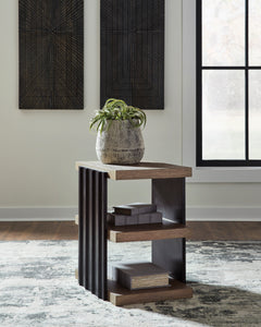 Black and Light Brown End Table with Two Open Shelves, room setting; accessories excluded - 5