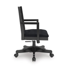 Black farmhouse swivel desk chair, side view - 3