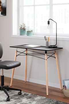Black and natural wood compact desk, styled workspace; chair and accessories not included - 2