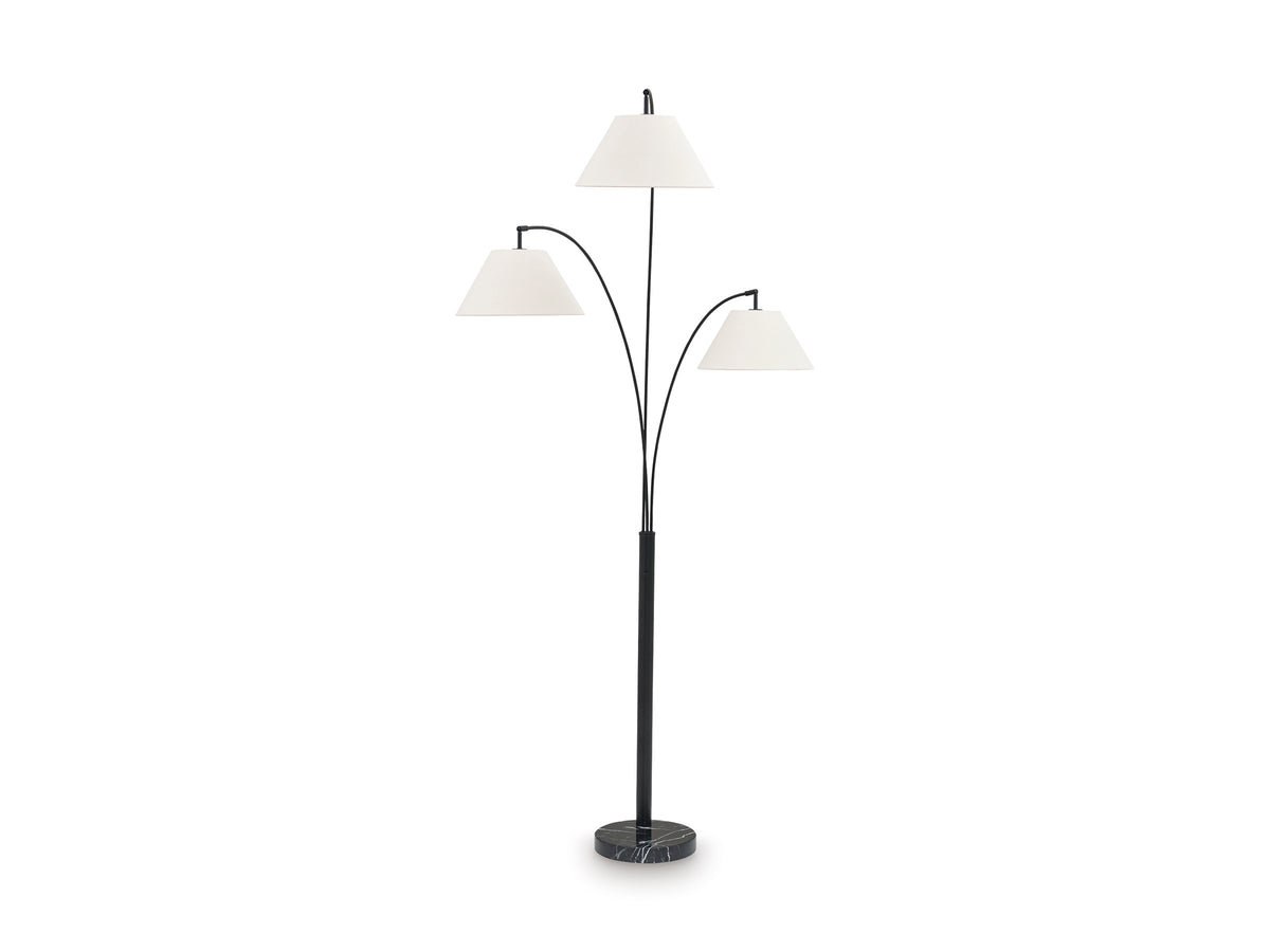 Black Three-Light Arc Floor Lamp with Marble Base, full product view