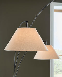 Black Three-Light Arc Floor Lamp with Marble Base, fabric shade detail - 5