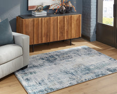 Blue Abstract Faux-Fur Area Rug with Memory Foam Padding, smaller size in a styled room; other items not included - 2