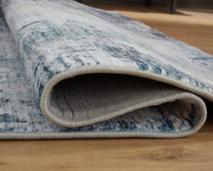 Blue Abstract Faux-Fur Area Rug with Memory Foam Padding, rolled edge and backing detail - 4
