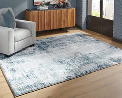 Blue Abstract Faux-Fur Area Rug with Memory Foam Padding, larger size in a styled room; other items not included - 6