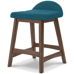 blue and brown upholstered counter stools, single stool alternate angle - 18