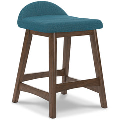 blue and brown upholstered counter stools, single stool front angle - 19