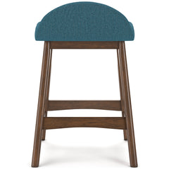 blue and brown upholstered counter stools, single stool rear view - 20